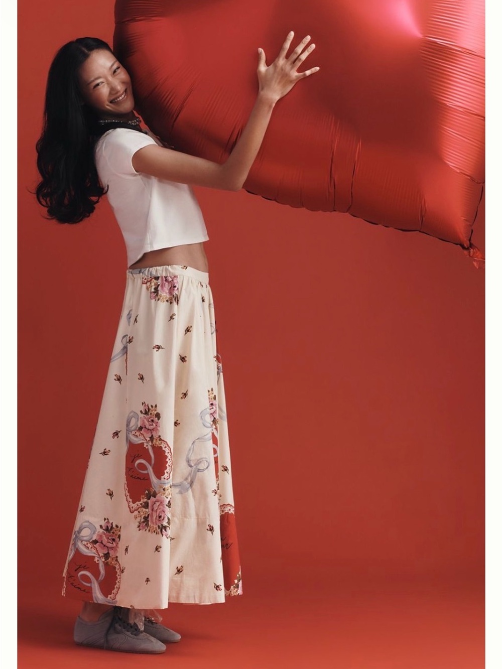 Maeve Cream Maxi Skirt with Red Floral Panels